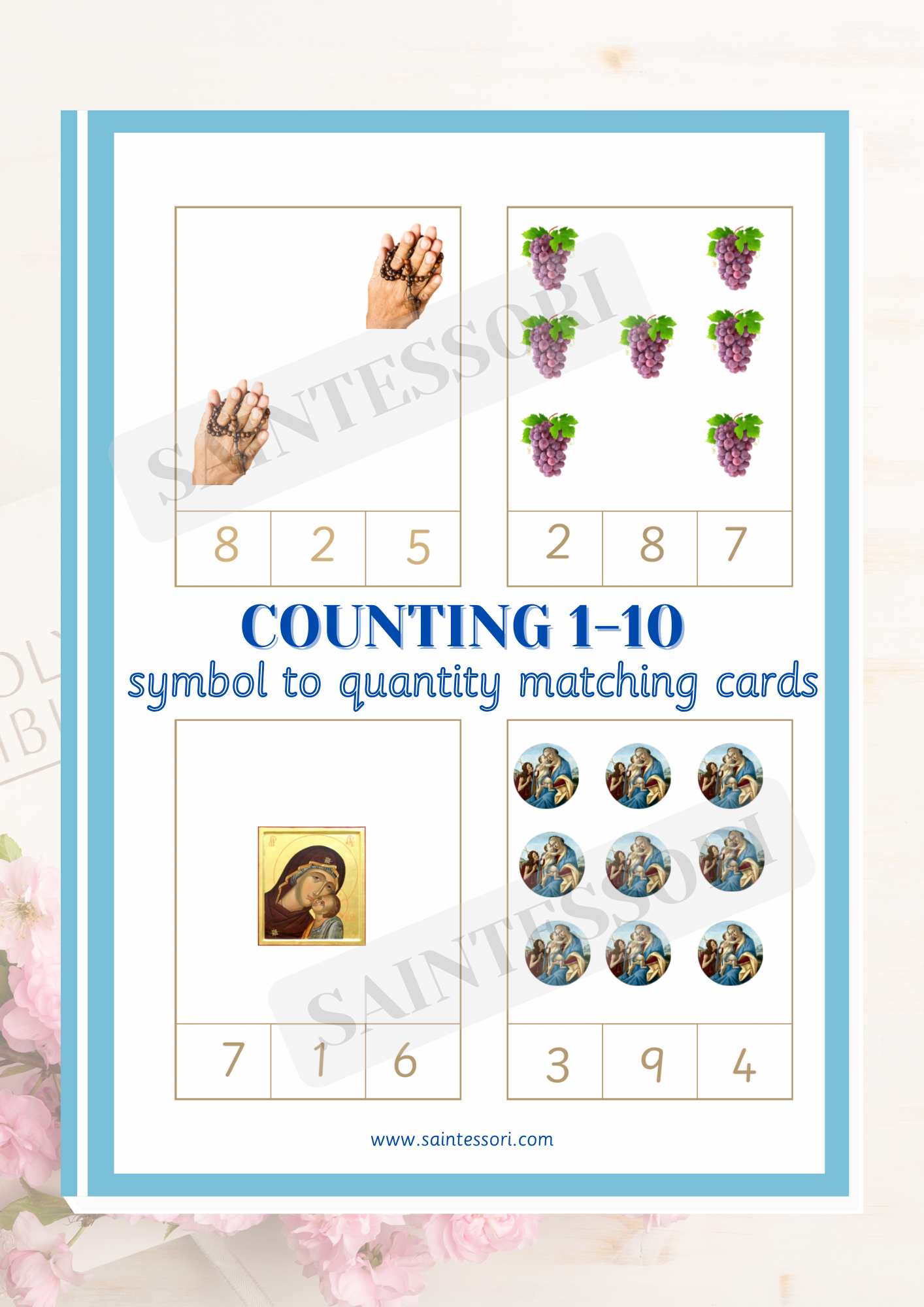 Catholic Faith Element Numeracy 1-10 Montessori Counting Clip Cards