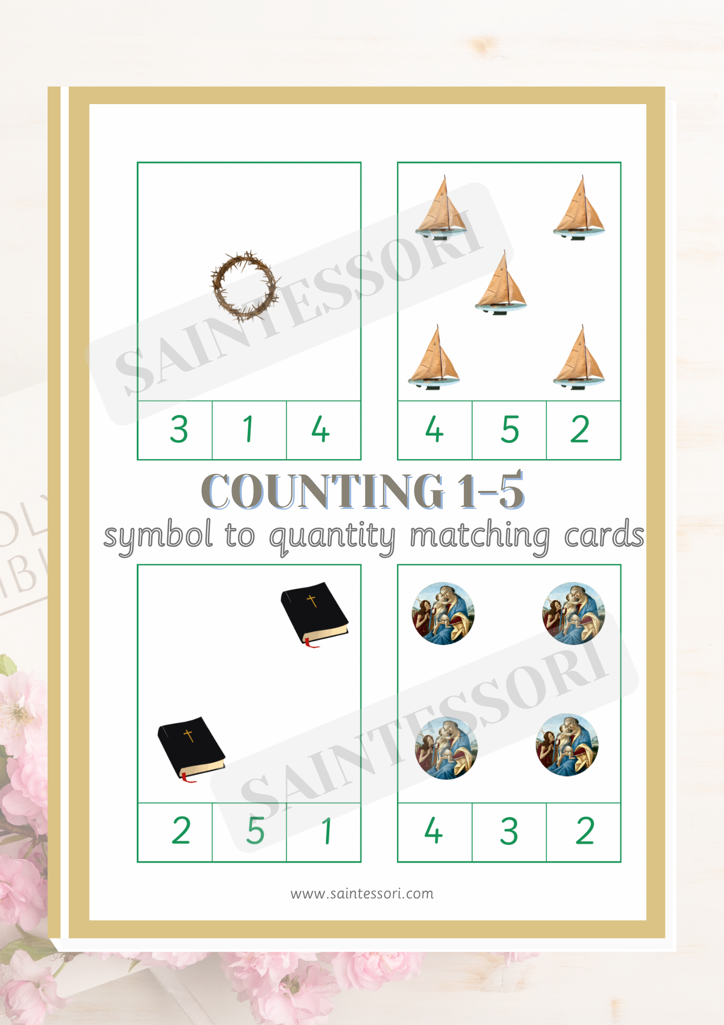 Catholic Faith Element Numeracy 1-5 Montessori Counting Clip Cards